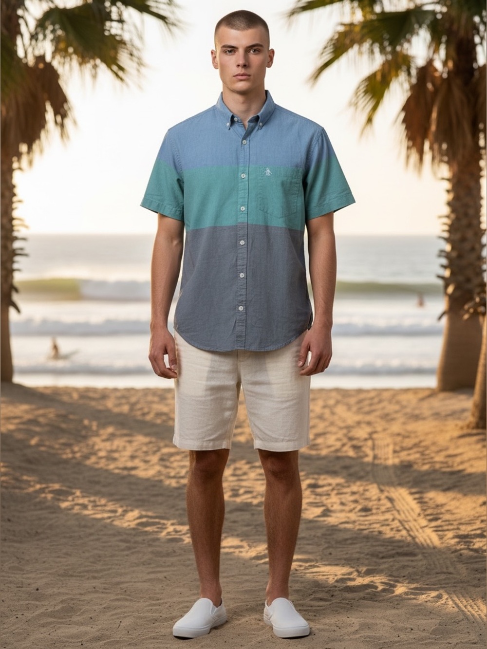 Original Penguin Heritage Slim Fit Colorblock Shirt Men's Medium Short Sleeve